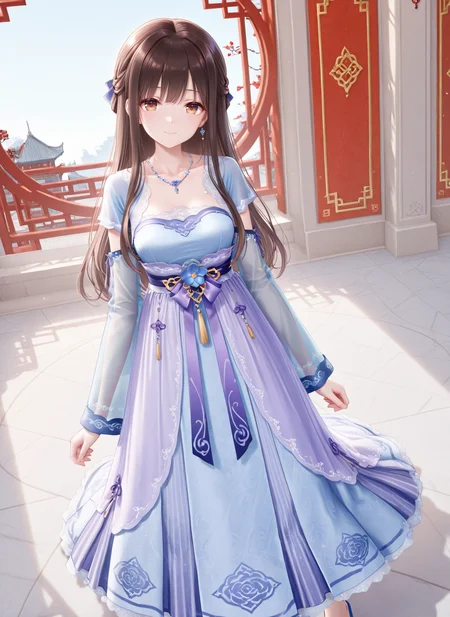 masterpiece,best quality,newest,absurdres,highres,soft shadows,year2024,mutou kurihito,(kimishima ao:0.7),(hiten \(hitenkei\):0.4),(sheya:0.4),
<lora:chihiroXLNAI:1> ensemble style, chihiro(ensemble),1girl, brown eyes,brown hair, hair ribbon,long hair,smile,looking at viewer,
<lora:qixiongruqunXLNAI:1>xinsuitongsec, dress, chinese clothes, flower, necklace, qixiong ruqun, see-through clothes, blue footwear,
chinese architecture,