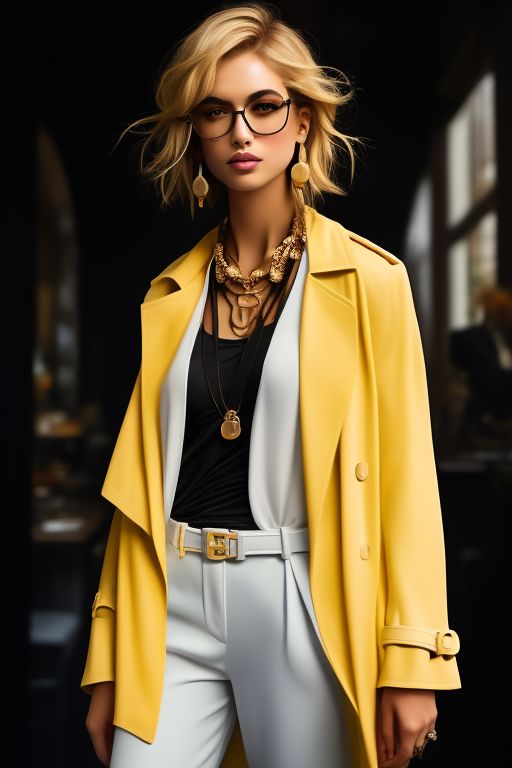 masterpiece, best quality, ultra detailed, bellissima, 1girl, white top, black pants, trench coat, Armani style, very short hair, blonde hair, freckles, earrings, chain necklace, glasses, cowboy shot