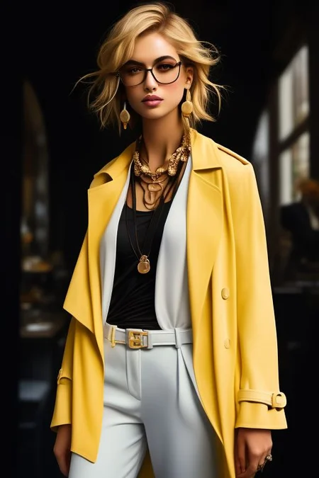 masterpiece, best quality, ultra detailed, bellissima, 1girl, white top, black pants, trench coat, Armani style, very short hair, blonde hair, freckles, earrings, chain necklace, glasses, cowboy shot