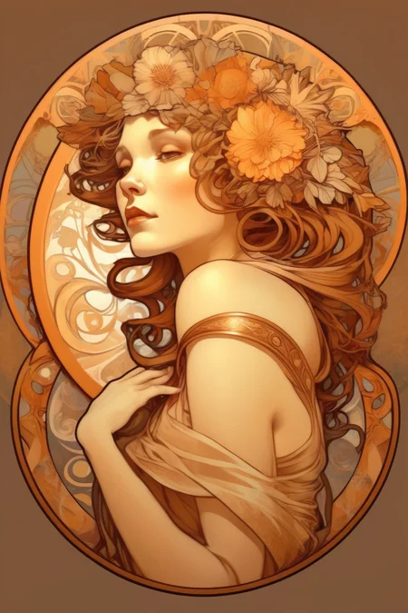 <lora:Alphonse Mucha Style:1>Alphonse Mucha Style - female done in the style of Alphonse Mucha in a circular shape and done in tones of ochre