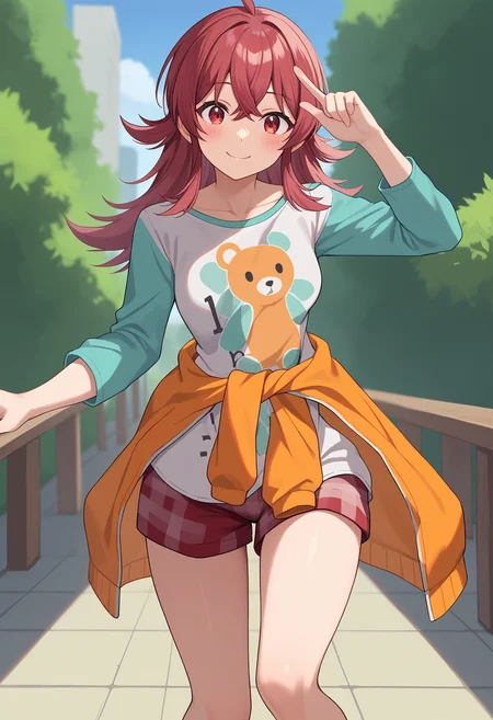 score_9, score_8_up, score_7_up, source_anime,
BREAK
1girl, solo,
<lora:shiKomiyaKahoV1:1>,
shikomiyaprocasual, long hair, red hair, red eyes, hair between eyes, ahoge,
medium breasts, collarbone,
print shirt, bear print, raglan sleeves, long sleeves,
orange jacket, shirt around waist, jacket around waist,
plaid, red shorts,
thighs,
looking at viewer, smile, knees together feet apart, blush,