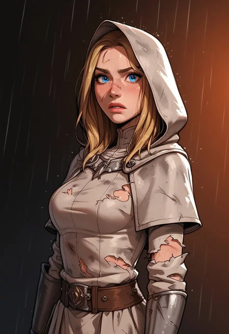 (score_9, score_8_up, score_7_up). (line work, excellent drawing, highest quality, extremely detailed:1.2). solo, 1girl, 24 year old woman, Battle Cleric, saint, vestal, hood, armor, religious, medium breasts, glossy lips, long lashes, blue eyes, blonde hair, innocent, cute face, pale skin, soft skin, scared, determined, injured, slut face, nympho, horseriding skirt, fantasy, dnd, g0thicPXL, romantic, source_cartoon, depth of field, medium distance, cowboy_shot, semirealistic, dynamic angle, side view, in profile, dark background, raining, torn clothes, muddy clothes, dynamic pose, holding a knife,