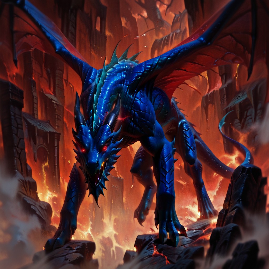 masterpiece, best quality, newest, absurdres, highres, DFOP-V2.5, oil painting, realistic, no humans, monster, dragon, scales, wings, black dragon, black scalres, red eyes, glowing eyes,