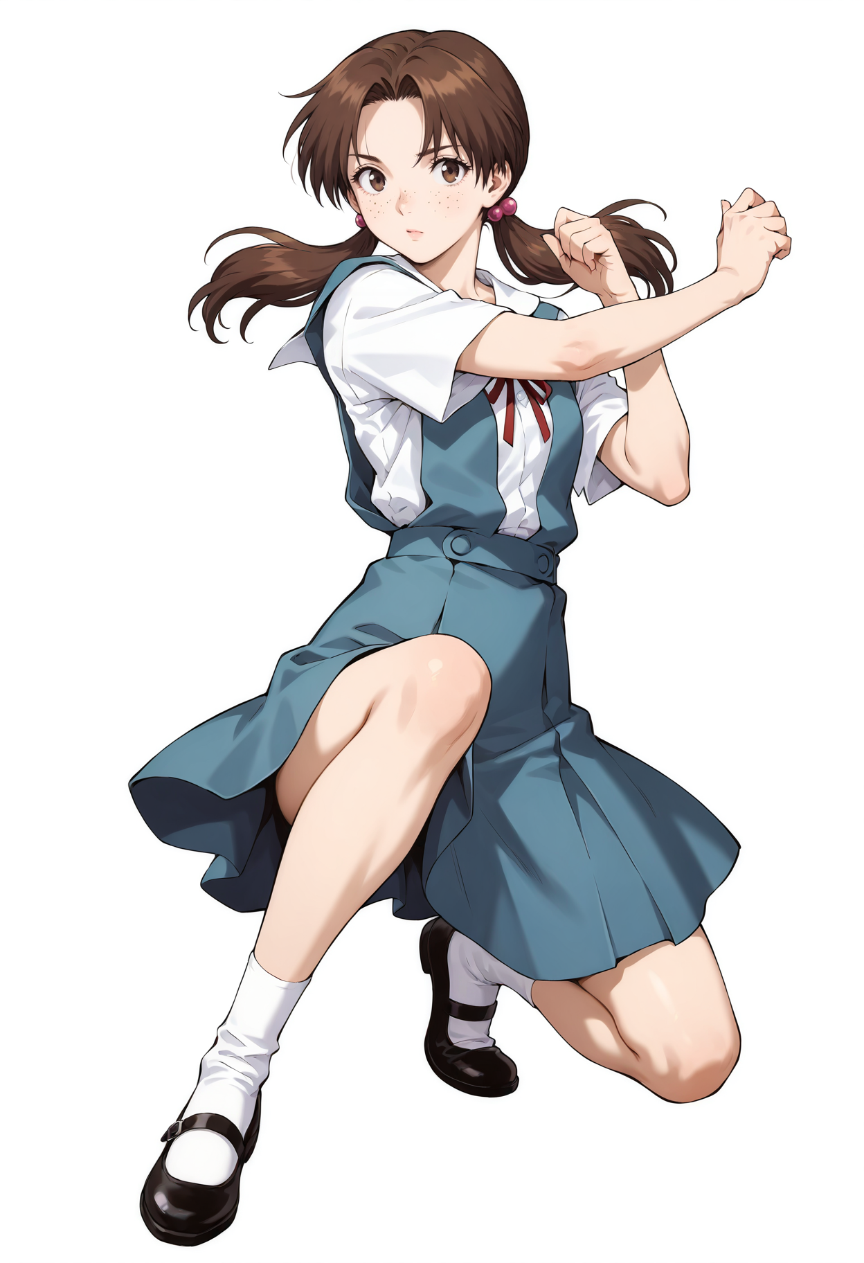 <lora:add-detail-xl:1>,masterpiece,best quality,absurdres,highres,detailed eyes,beautiful,detailed background,perfect eyes,realistic,
1girl,solo,full body, dynamic pose, white background, 
<lora:Hikari_Horaki:1>,Hikari_Horaki,1girl,school uniform,freckles,twintails,brown hair,tokyo-3 middle school uniform,hair bobbles,shoes,mary janes,socks,hair ornament,skirt,ribbon,brown eyes,black footwear,white socks,long hair,short sleeves,