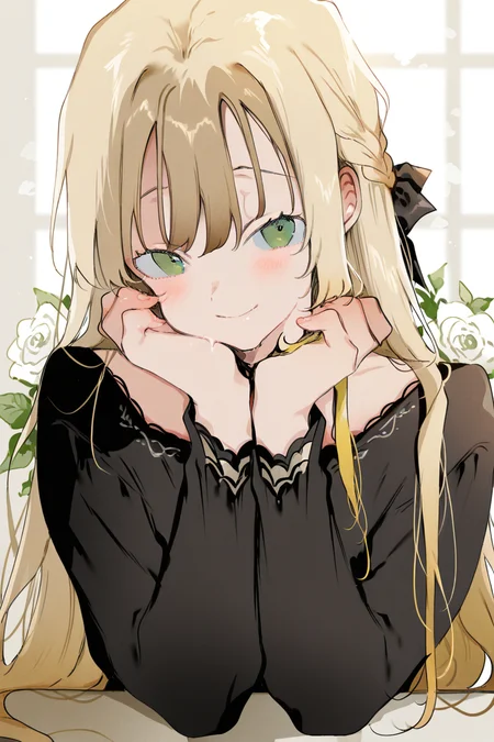 masterpiece, best quality, amazing quality,
<lora:Nonoyama_IL:1> nonoyama, 1girl, blonde hair, green eyes, braid, long hair, solo, smile, flower, blush, looking at viewer, upper body, bangs, white flower, closed mouth, black shirt, long sleeves, rose