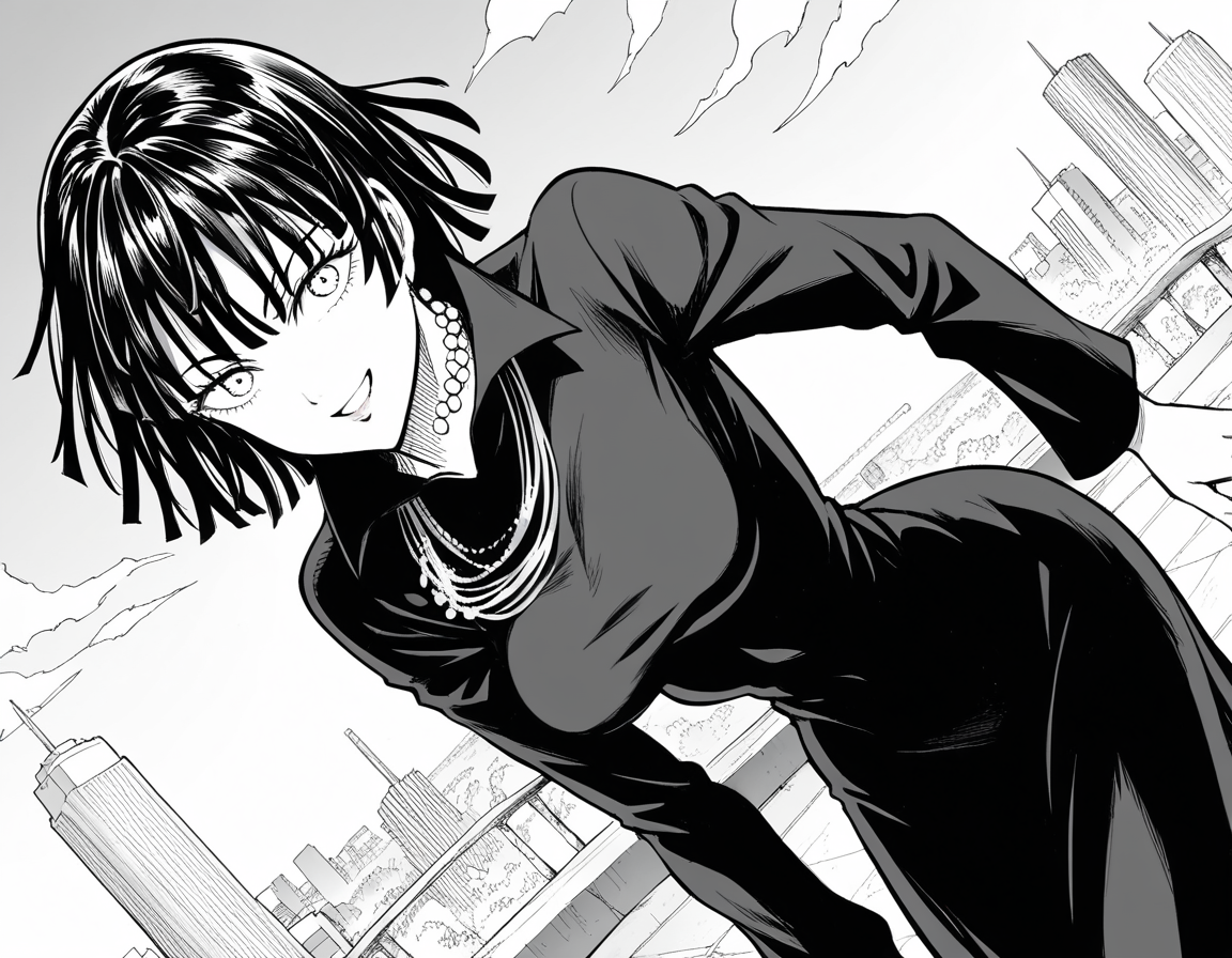 score_9, score_8_up, score_7_up, source_anime,
fubuki, <lora:opm-fubuki-manga-ponyxl-lora-nochekaiser:1>,
fubuki, fubuki \(one-punch man\), black hair, medium hair, monochrome, greyscale,
black dress, dress, high collar, jewelry, necklace, taut clothes, taut dress,
outdoors, cityscape, smile, bent over,
looking at viewer, cowboy shot, solo, dutch angle,