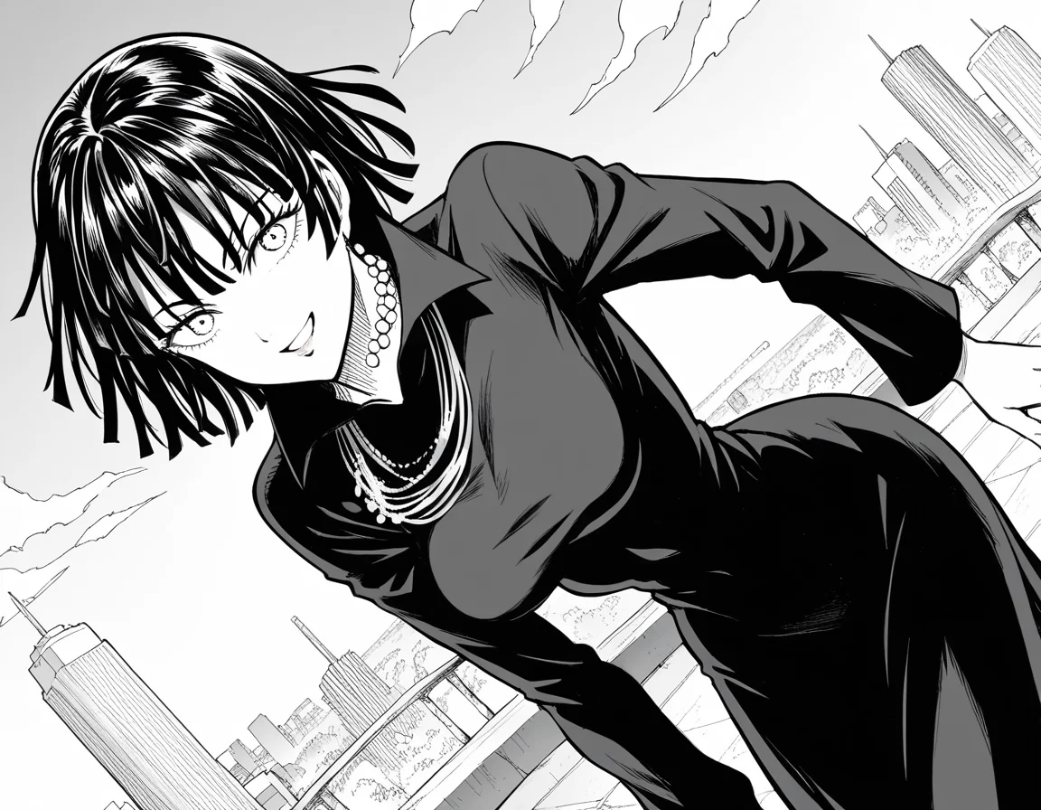 score_9, score_8_up, score_7_up, source_anime,
fubuki, <lora:opm-fubuki-manga-ponyxl-lora-nochekaiser:1>,
fubuki, fubuki \(one-punch man\), black hair, medium hair, monochrome, greyscale,
black dress, dress, high collar, jewelry, necklace, taut clothes, taut dress,
outdoors, cityscape, smile, bent over,
looking at viewer, cowboy shot, solo, dutch angle,
