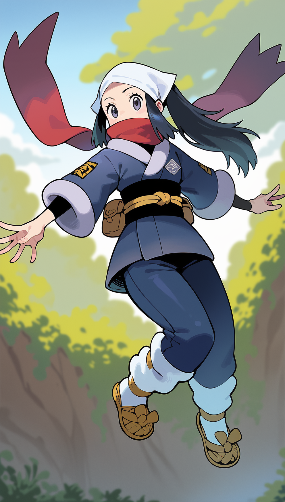 score_9,score_8_up,score_7_up,
highres,highly detailed,
<lora:hikaridawn:0.8>,
akaridawn,1girl,solo,navy blue hair,long hair,ponytail,grey eyes,looking at viewer,white bandana,dark blue clothes,red scarf,black detached sleeves,dark blue leggings,white loose socks,straw shoes,
jumping,in air,from below,
blurry background,vignetting,outdoors,simple background,