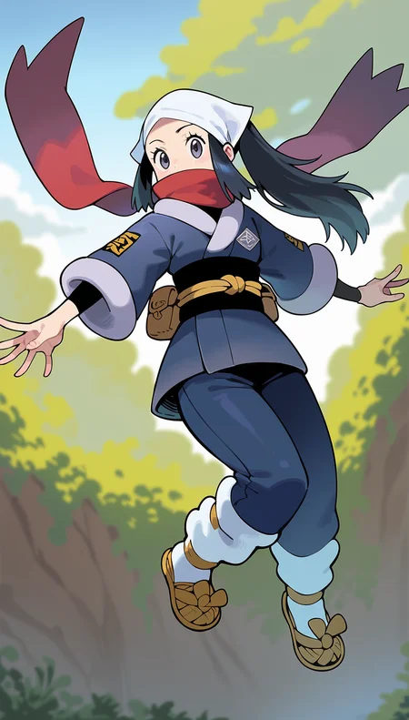 score_9,score_8_up,score_7_up,
highres,highly detailed,
<lora:hikaridawn:0.8>,
akaridawn,1girl,solo,navy blue hair,long hair,ponytail,grey eyes,looking at viewer,white bandana,dark blue clothes,red scarf,black detached sleeves,dark blue leggings,white loose socks,straw shoes,
jumping,in air,from below,
blurry background,vignetting,outdoors,simple background,