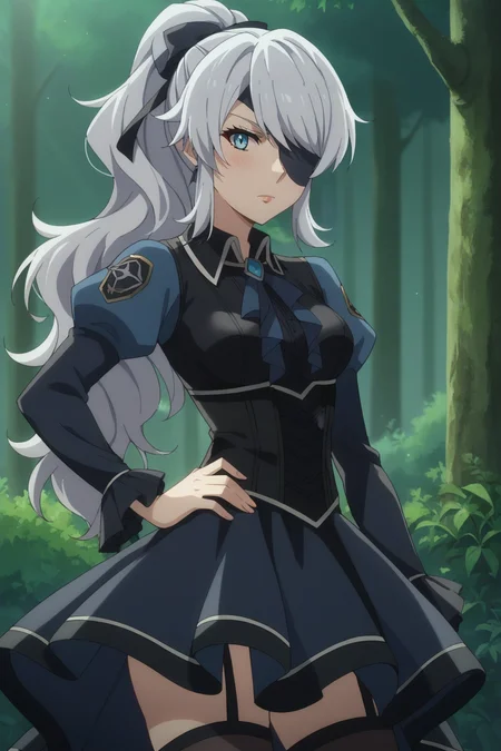 score_9, score_8_up, score_7_up, source_anime, 1girl, prefect lighting, very aesthetic, intricate details, highly detailed background, masterpiece, high quality, prefect hands, best quality, solo,
<lora:No4_Nier_V1:.85>, kjono4, white hair, long hair, light blue eyes, eyepatch, hair bow, high ponytail, swept bangs, lipgloss,
black dress, collared shirt, frilled short dress, puffy sleeves, long sleeves, black thighhighs,
hand on own hip, head tilt, blush, serious,
outdoors, forest, sunbeam,
(Beautiful, medium Breasts:1.2), natural breasts,
