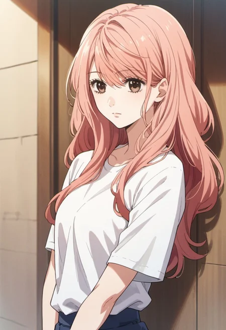 score_9, score_8_up, score_7_up, source_anime, igarashi iroha, light pink hair, long hair, brown eyes, 1girl, solo, shirt