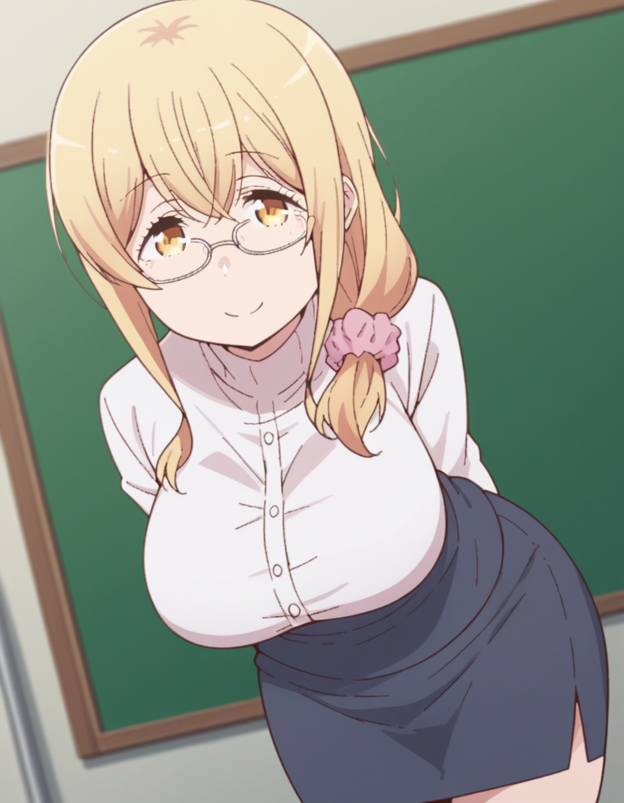 score_9, score_8_up, score_7_up, source_anime, <lora:ayaka-sunohara-s1-ponyxl-lora-nochekaiser:1>, ayaka sunohara, long hair, bangs, blonde hair, yellow eyes, mature female,, skirt, large breasts, shirt, long sleeves, glasses, scrunchie, pencil skirt, teacher, village, houses, community, rural, farms, smile, hands behind back, bent over,, looking at viewer, solo,, dutch angle, cowboy shot