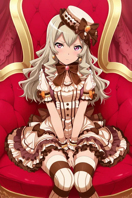 masterpiece, best quality, amazing quality,
<lora:Claudine_IL:1> claudine, 1girl, purple eyes, thighhighs, solo, sitting, frills, bow, long hair, jewelry, hat, striped, oversized object, dress, striped thighhighs, earrings