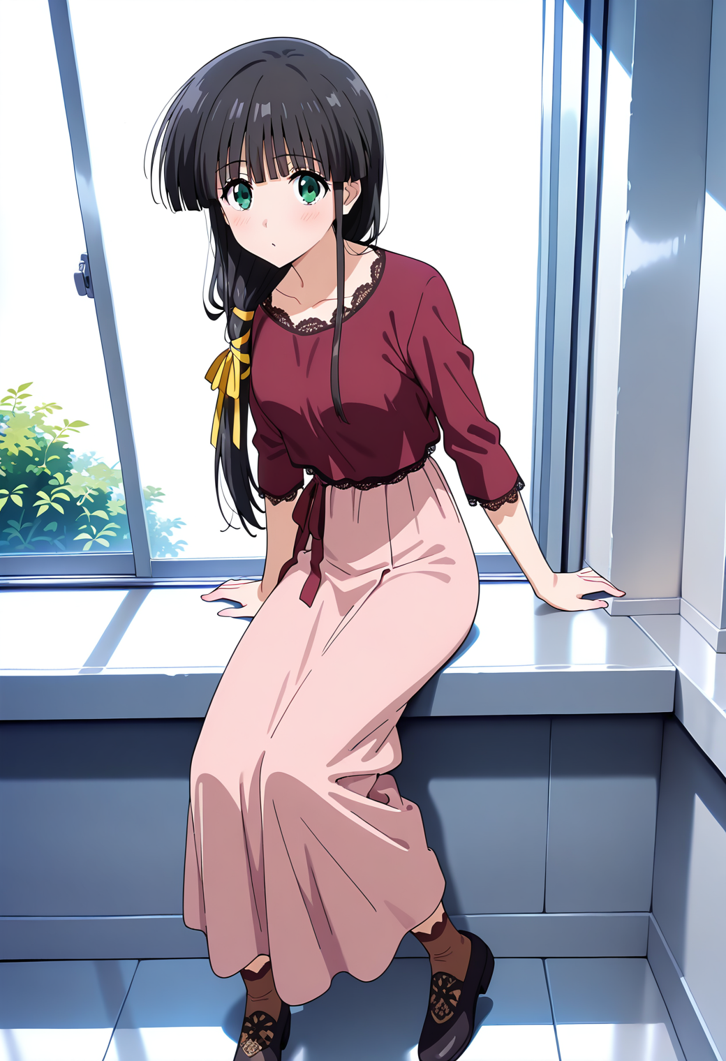 masterpiece, best quality, very aesthetic, absurdres, 1girl, solo,
<lora:hasebe_aya_v01:0.9>, hasebe_aya, aya_casual1, black hair, low-tied long hair, ponytail, hair over shoulder, blunt bangs, sidelocks, green eyes,
yellow hair ribbon, dark red shirt, lace-trimmed shirt, long sleeves, pink skirt, long skirt, brown socks, black footwear, posing