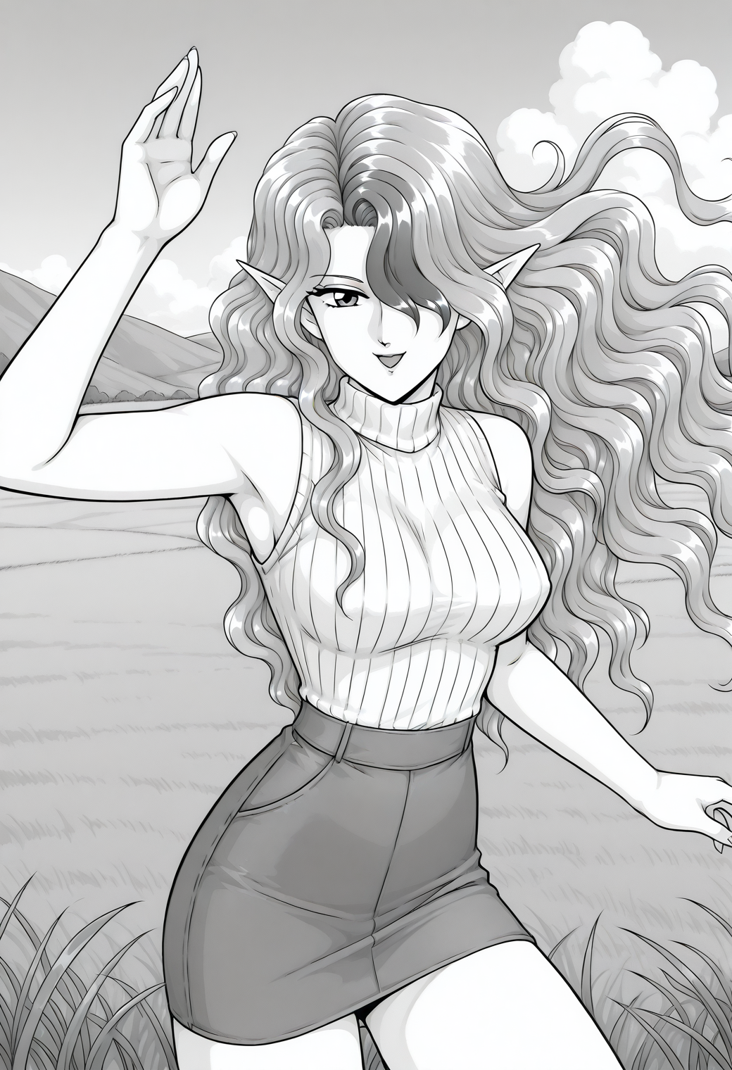 misery, monochrome, greyscale, retro artstyle, 1990s \(style\), pointy ears, open eyes, two-tone hair, long hair, hair over one eye, wavy hair, ribbed sweater, white sweater, turtleneck, sleeveless, skirt, <lora:misery_illustrious_ver2:0.8> 
smile, open mouth, cowboy shot, 1girl, solo, blue sky, (grasslands:1.2), looking at viewer,, masterpiece, best quality, sensitive,, (dynamic pose:1.4),
