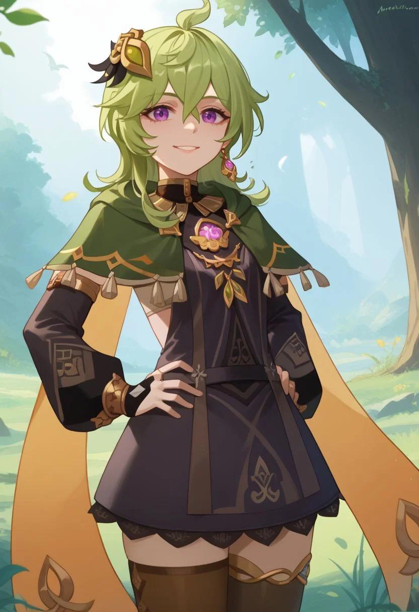 score_9, score_8_up, score_7_up, source_anime, 1girl, colleidef, green hair, medium hair, purple eyes, hair ornament, hair between eyes, ahoge, earrings, single earring, jewelry, green capelet, black dress, detached sleeves, puffy long sleeves, backless dress, bridal gauntlets, crossed bangs, brown thighhighs, asymmetrical legwear, thighlet, vision \(genshin impact\), orange ribbon, standing, smile, looking at viewer, outdoors, forest, sun, grass, hands on own hips, <lora:Collei_v1-000010:1>