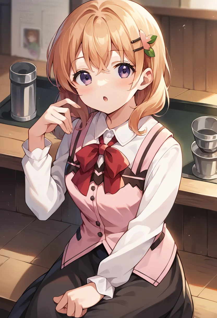 score_9, score_8_up, score_7_up, source_anime, masterpiece, 1girl, ctiank0k0a, dress shirt, long sleeves, pink vest, black skirt, long skirt, red ribbon, looking at viewer, indoors, depth of field, chestnut mouth, hand up, facing viewer, <lora:Hoto_Kokoa_pony_ct:0.9>,