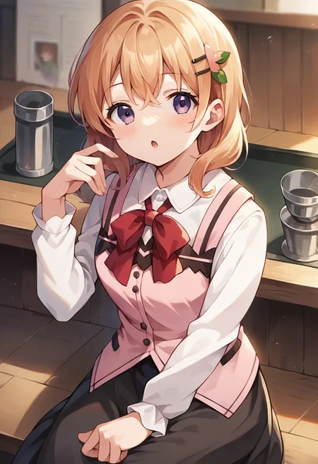 score_9, score_8_up, score_7_up, source_anime, masterpiece, 1girl, ctiank0k0a, dress shirt, long sleeves, pink vest, black skirt, long skirt, red ribbon, looking at viewer, indoors, depth of field, chestnut mouth, hand up, facing viewer, <lora:Hoto_Kokoa_pony_ct:0.9>,