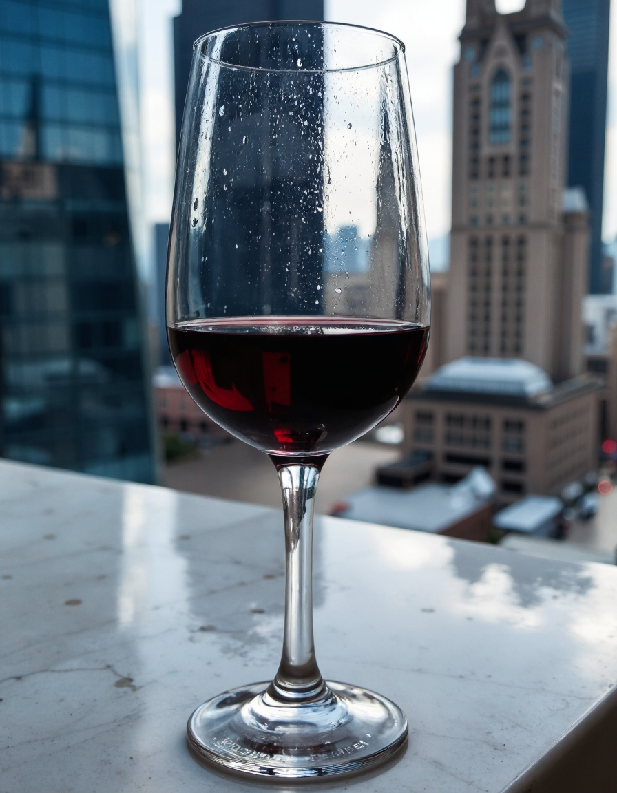 A highly detailed glass of red wine with condensation beads, sitting on a marble countertop with a blurred cityscape in the background.