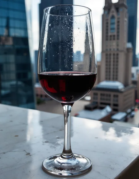 A highly detailed glass of red wine with condensation beads, sitting on a marble countertop with a blurred cityscape in the background.