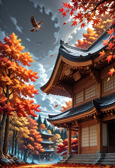 SmoothNoob_Quality, no humans, east asian architecture, autumn, autumn leaves, bare tree, bird, branch, cloud, cloudy sky, falling leaves, forest, nature, outdoors, scenery, sky, <lora:Smooth_Booster:0.5> <lora:SLE_v2:-0.5>