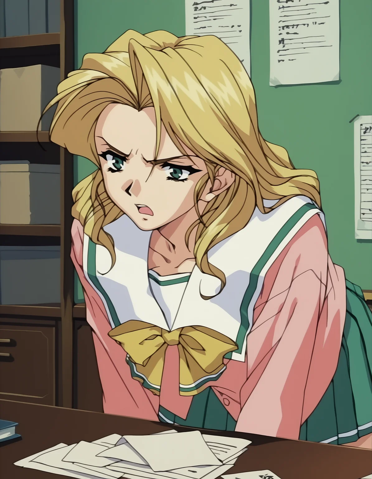 score_9, score_8_up, score_7_up, <lora:shuusaku-ova-ponyxl-000006:1> kaori, serafuku, pleated skirt,
1girl, solo, annoyed, open mouth, leaning forward, papers, desk