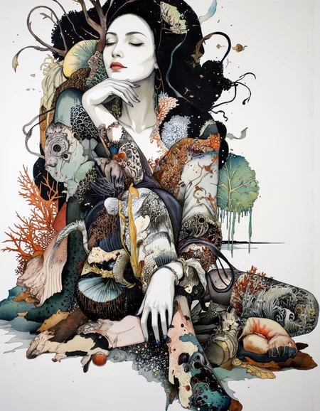 Art by Akiya Kageichi.
A surreal, abstract painting of a woman with a white face and black hair, sitting on the ground with her legs crossed. Her body is composed of various organic elements, including coral, seaweed, and fish, creating a complex and intricate design. The woman's hands are white with black fingertips, and her nails are painted black. She is surrounded by a vibrant array of colors including black, white, green, red, blue, and yellow. The background is white, and the overall composition is horizontal and rectangular. The painting has a dreamlike, underwater quality, blending human and marine forms in a striking and imaginative way.