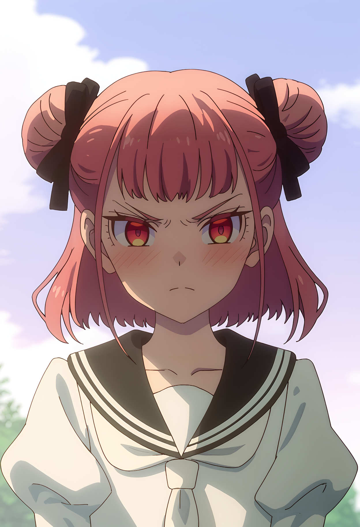 <lora:Suzunomiya_Arisu-pony:1>,
Suzunomiya Arisu,solo,hair bun,school uniform,sailor collar,looking at viewer,black sailor collar,outdoors,frown,closed mouth,serafuku,sky,shirt,v-shaped eyebrows,blurry background,ribbon,cloud,blush,white shirt,hair ribbon,upper body,black ribbon,portrait,scowl,bow,blurry,puffy sleeves,hair bow,black bow,