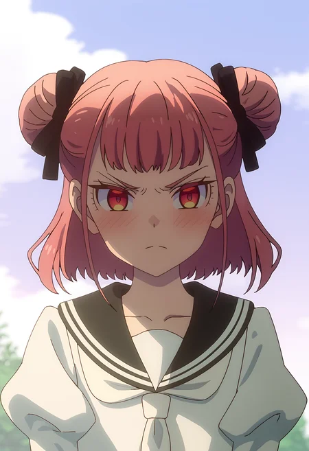 <lora:Suzunomiya_Arisu-pony:1>,
Suzunomiya Arisu,solo,hair bun,school uniform,sailor collar,looking at viewer,black sailor collar,outdoors,frown,closed mouth,serafuku,sky,shirt,v-shaped eyebrows,blurry background,ribbon,cloud,blush,white shirt,hair ribbon,upper body,black ribbon,portrait,scowl,bow,blurry,puffy sleeves,hair bow,black bow,