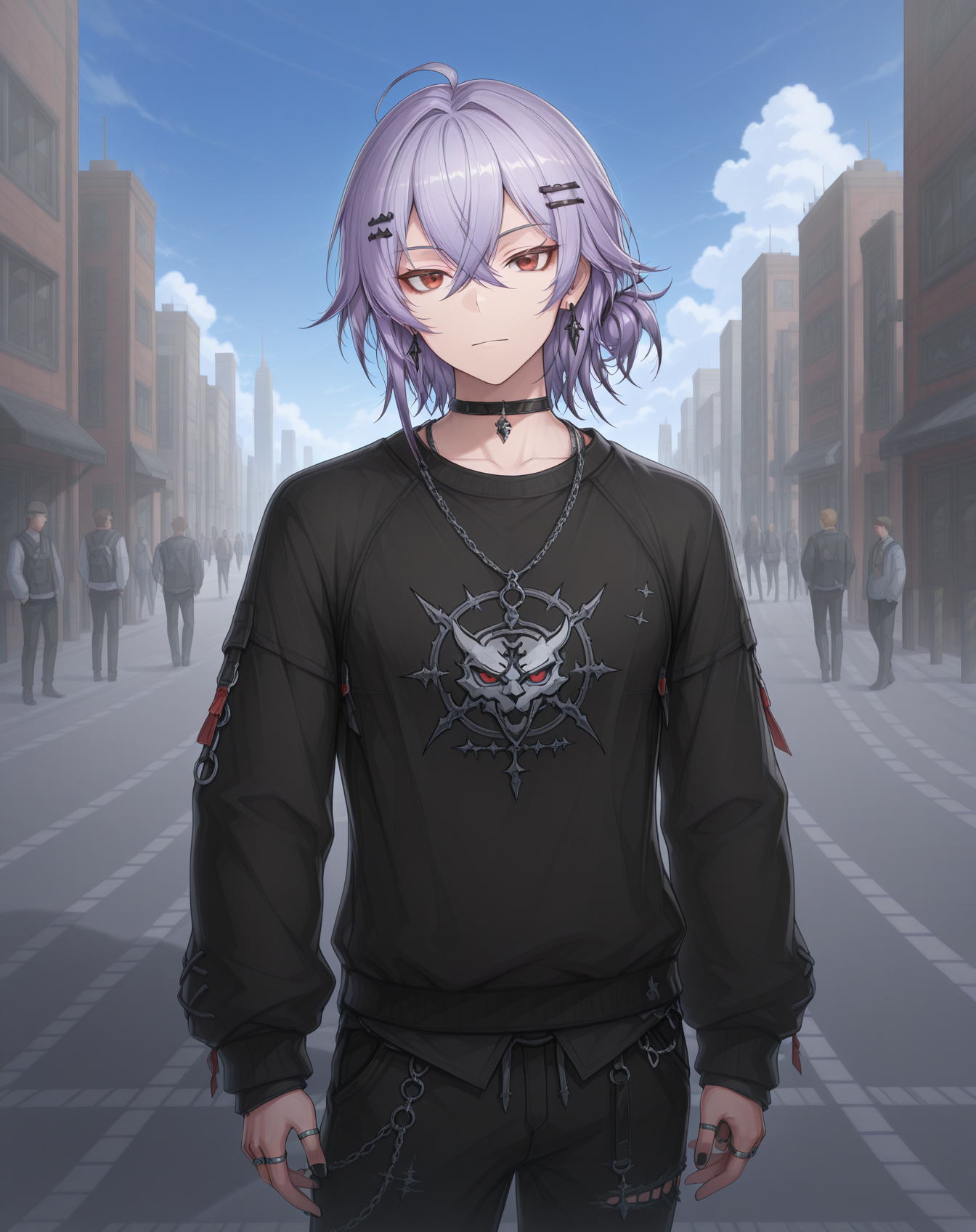 masterpiece,best quality,amazing quality, newest, very aesthetic, absurdres,
1boy, solo, yaoi, male focus, looking at viewer, cowboy shot, standing,
<lora:Asin_Dark_Dream_ilxl:1> asindarkdream, red eyes, hair between eyes, short hair, purple hair,crossed bangs,
jewelry, earrings, hair ornament, black nails, multiple rings, hairclip, ring,
outdoors, day, blue sky, building, people,