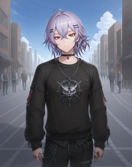 masterpiece,best quality,amazing quality, newest, very aesthetic, absurdres,
1boy, solo, yaoi, male focus, looking at viewer, cowboy shot, standing,
<lora:Asin_Dark_Dream_ilxl:1> asindarkdream, red eyes, hair between eyes, short hair, purple hair,crossed bangs,
jewelry, earrings, hair ornament, black nails, multiple rings, hairclip, ring,
outdoors, day, blue sky, building, people,