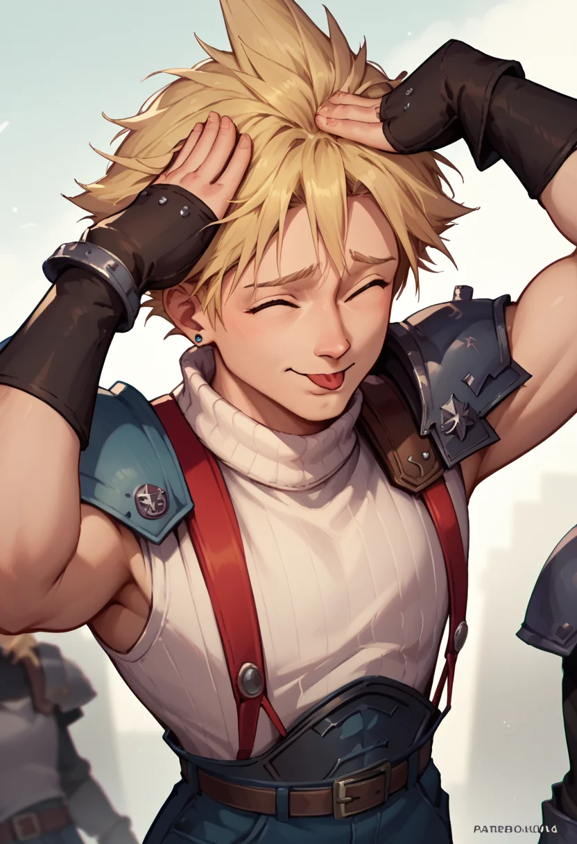 score_9, score_8_up, score_7_up, AhEtoBlehMeme, closed eyes, tongue out, :p, hands on own head, smile, <lora:AhEtoBlehMeme_pdxl_Incrs_v1:1>, <lora:cloudstrife-pdxl-nvwls-v1:0.8> defCloud, blonde hair, single earring, suspenders, shoulder armor, sleeveless turtleneck, belt, 1boy,