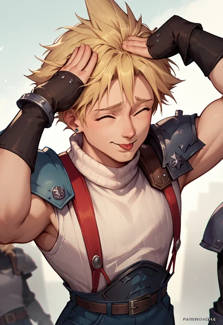 score_9, score_8_up, score_7_up, AhEtoBlehMeme, closed eyes, tongue out, :p, hands on own head, smile, <lora:AhEtoBlehMeme_pdxl_Incrs_v1:1>, <lora:cloudstrife-pdxl-nvwls-v1:0.8> defCloud, blonde hair, single earring, suspenders, shoulder armor, sleeveless turtleneck, belt, 1boy,