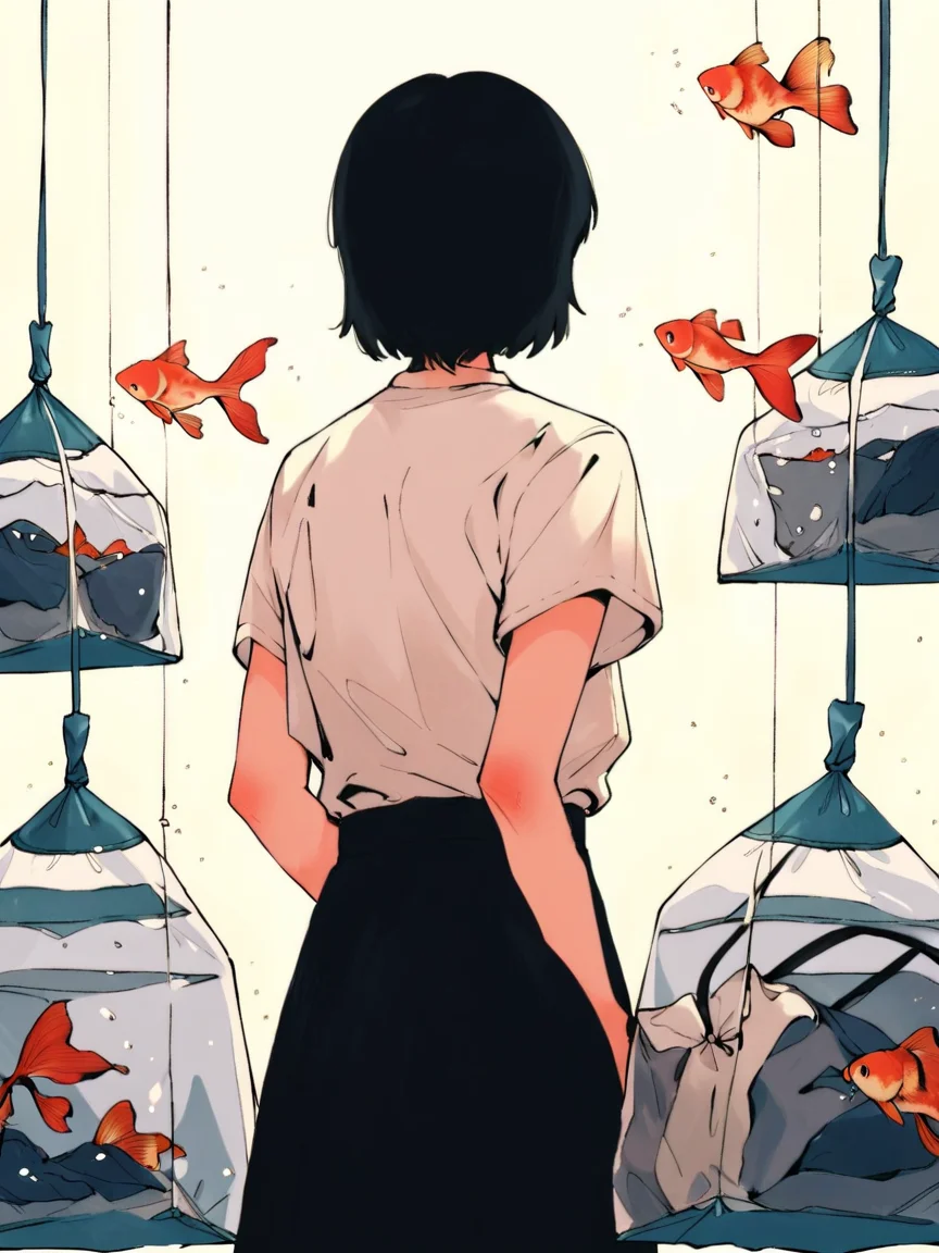 score_9, score_8_up, score_7_up, score_6_up, score_5_up, <lora:HaranikalaXLP:1> hara, 1girl, fish, solo, goldfish, skirt, bag, black hair, from behind, shirt, black skirt, short sleeves, arms behind back, white shirt