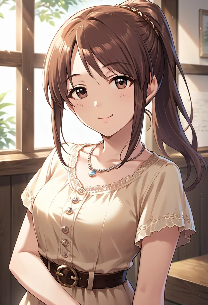 score_9, score_8_up, score_7_up, source_anime, mifune miyu, brown hair, brown eyes, long hair, 1girl, solo, jewelry, necklace, smile, ponytail, looking at viewer, belt, dress, short sleeves, upper body