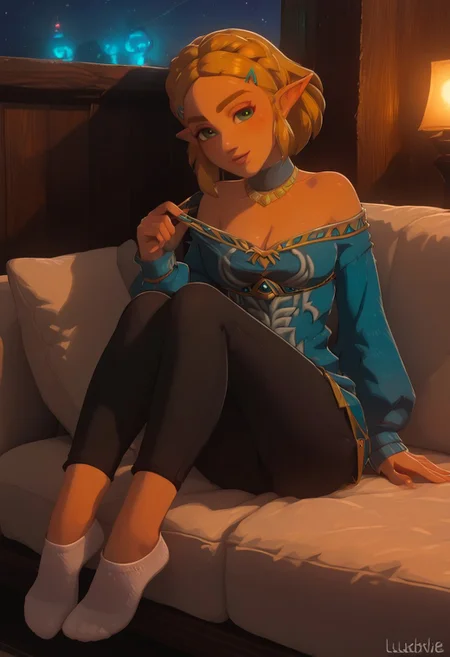 Score_9, score_8_up, score_8_up, score_7, source_anime, 1girl, stunningly beautiful women, Zelda from Breath of the Wild, perfect faces, detailed faces, medium breasts. She site back casually on a couch. She has a mischievous smirk, her green eyes glowing subtly under the moonlight. Dressed in nike pro form-fitting leggings, an oversized cozy sweater, white ankle_socks.. She has blonde hair cascading over her shoulders, her glowing green eyes sparkling with playful affection. The city lights twinkle below them, and the night sky adds a serene backdrop, night time. Anime-style, best quality, award-winning, high res. <lora:shirtpull1:.5> shirt pull, pulled by self, pulling own clothes, cleavage