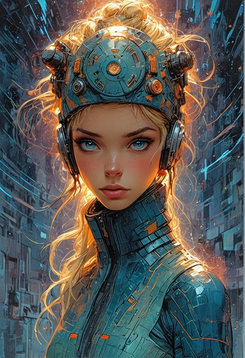 A beautiful blonde art deco female pop artist all pastel sleek futuristic outfit, with huge headpiece center piece, blue landscape by james white illustration of an angry coach, commuting, with sad expressions. intricate details, photo taken on hasselblad, cameron, flat surrealism, ultra detailed, cell shaded, 8k. The composition includes overlapping circles, sharp-edged polygons, and fluid lines, all interwoven to create a sense of rhythm and flow.