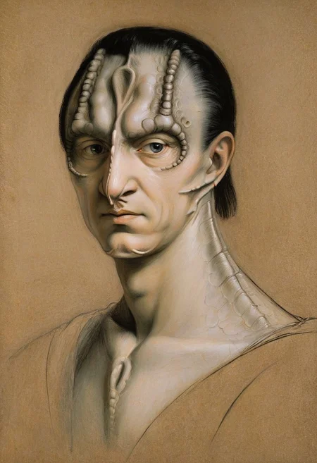masterpiece oil painting by Rembrandt and Leonardo da Vinci, upper body renaissance portrait oil painting of (a male c4rd45514n alien, forehead crest, grey skin, ridges, scales), militaristic general, black hair slicked back