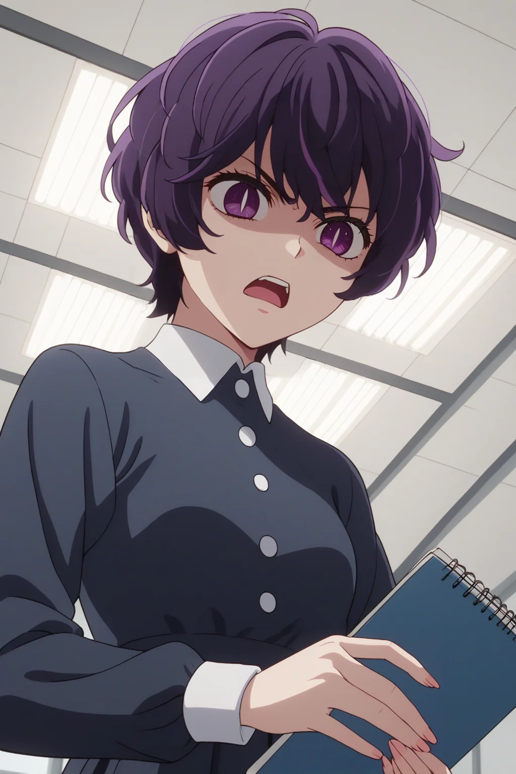 sscore_9, score_8_up, score_7_up, source_anime, 1girl, prefect lighting, very aesthetic, intricate details, highly detailed background, masterpiece, high quality, prefect hands, best quality, solo,
<lora:Abiko_Samejima_Oshi_No_Ko_V1:.85>, KJOabiko, purple hair, purple eyes, slit pupils, short hair,
collared shirt, long sleeves, dress,
angry, shaded face, from below, open mouth, holding notebook,
gym, studio,
(Beautiful, small Breasts:1.2), natural breasts,