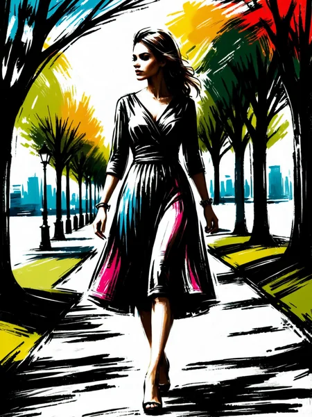 woman wearing a dress walking through park, colorful mad-nksktch <lora:Ink_Sketch_SDXL:1.2>, (masterpiece:1.2), best quality