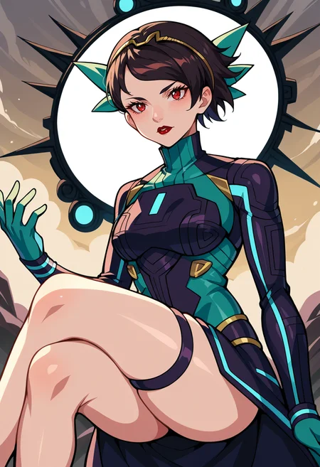 score_9, score_8_up, score_7_up, source_anime, 1girl, solo, cowboy shot, floating, midair, crossed legs, 
BREAK <lora:zs_PanagiaYokoXL:1> panagiayokosmtvv, short hair, black hair, swept bangs, headband, red eyes, red lipstick, turtleneck, bodysuit, skirt, green gloves, thigh strap