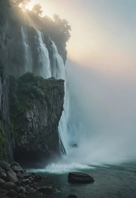 masterpiece, minimalism, (huge cliff:1.3) with (monolithic floating rocks:1.2) in twilight, (small silhouetted fisherman boat:1.1) on (realistic water:1.2), (perfect horizon:1.2), (fog:1.3) with (sun behind fog:1.2), (diffused sunlight:1.1), (fog rays:1.2), vibrant colors in sky, (2 color composition:1.0), low angle POV, serene atmosphere, high detail, cinematic lighting.long exposure of (water waves:1.3) cascading from a (huge waterfall:1.4) atop a (towering cliff:1.2), surrounded by (dense fog:1.3), ethereal atmosphere, soft light filtering through mist, (silky smooth water:1.2), intricate details of rocks, lush greenery framing the scene, tranquil mood, high detail, cinematic lighting, serene landscape, nature photography, inspired by (Ansel Adams:1.3).