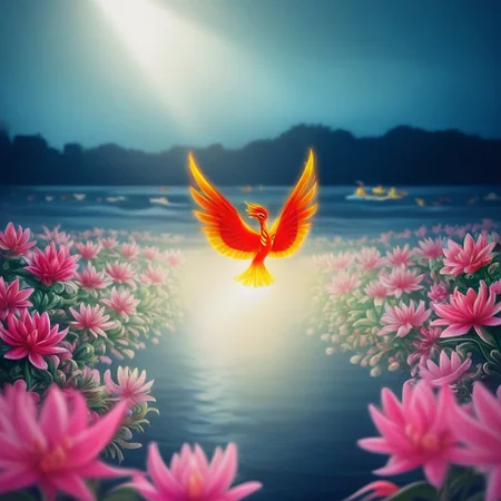 score_9, score_8_up, score_7_up, (Phenomenal Phoenix from pink and red crystals flying in the sky in its splendor, intense pink and red glowing aura on the phoenix's body, powerful energy reside inside the core of phoenix's body and the phoenix's eyes radiating blazing heat:1.37), strong focus on subject, strong bokeh, masterpiece, flawless complexion, top quality, best quality, ultra-realistic, ultra-detailed, 8k, highest resolution, surreal, incredibly lifelike, real life photo reality, lots of colorful kinds of beautiful flowers, bunches of tiny little animals, tiny birds and butterflies flying around, fish jumping in the air, wisdom tree, sunlight, perfect shadow, perfect panorama photo, lakes, meadows, best artistic scenery, colorful, rich colors, perfection artistic, uncanny realism, realism pushed to extreme, outstanding clear photo quality, immaculate-micro-details phoenix, intricate details, awards winning legendary almighty beast photography, 360 View, 360, micro details photography, shot on Canon EOS 5D, glamour photography, radiant god rays, Ilford HP5 Plus, Photographers by Tim Walker, technicolor, digital art, depth of field, (distant view:1.6)