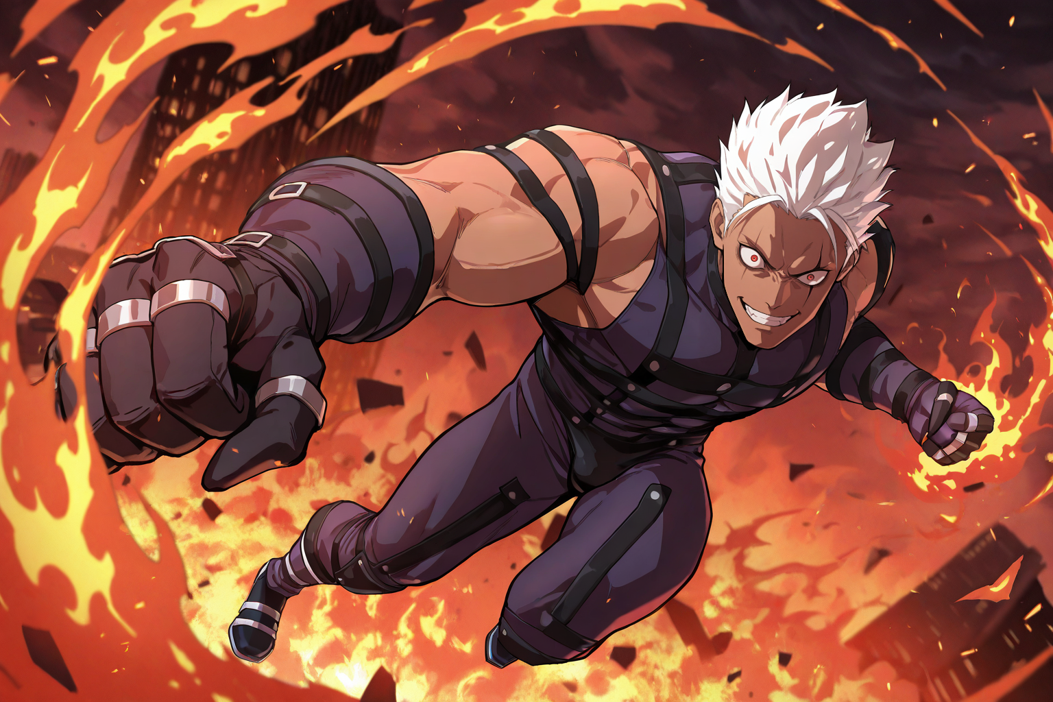 masterpiece, best quality, absurdres, newest, perfect quality, best quality, absolutely eye-catching, detailed background, intricate details, very awa, BREAK, detailed, masterpiece, best quality, good quality, newest, anime coloring, BREAK safe, BREAK, male focus, krizalidkof, white hair, red eyes, scar across eyes, dark-skinned male, 1boy, solo, muscular, muscular male, bodysuit, sleeveless, gauntlets, dynamic pose, full body, foreshortening, midair, crazy eyes, evil grin, punching, incoming punch, incoming attack, looking at viewer, pyrokinesis, fire, burning