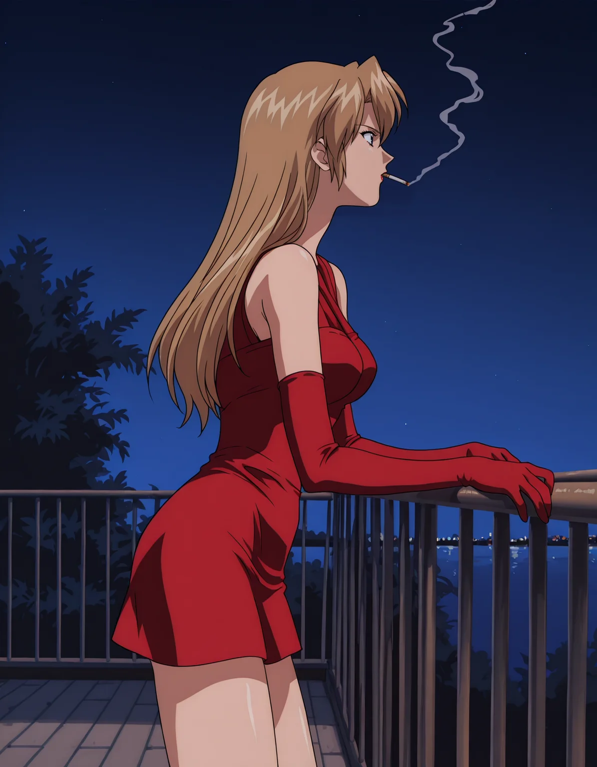 1girl, <lora:aika-illustrious-v3:0.9> a1ka, hair down, sleeveless dress, red dress, short dress, elbow gloves, solo, cowboy shot, against railing, from side, smoking, night, outdoors