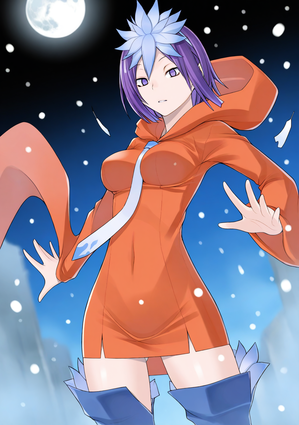 masterpiece, best quality, absurdres, perfect lighting,shiny skin,1girl,amane, purple eyes, purple hair, short hair,bangs, hair ornament,hair flower,<lora:amane:1>,orange dress,orange hood,hood down,long sleeves,necktie,boots,open hand, cowboy shot, outstretched arms, expressionless, constricted pupils, looking at viewer,szps <lora:Suzupin_v0.2_Illustrious_NEW:1>,depth of field, snowing,night sky, starry sky, full moon,