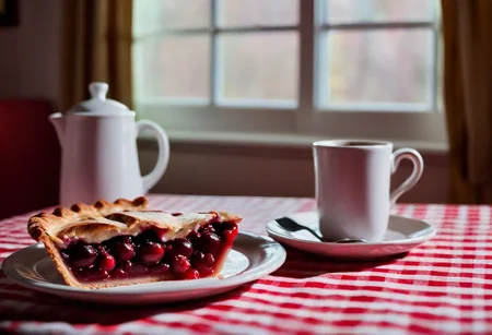 cinematic film still, Twin Peaks style, diner mug of coffee and a slice of cherry pie on a plate on a gingham tablecloth, in a room with a red curtain, realistic, sharp, detailed, classic, 1990's suspense style, film light style, photography, artistic, perfection, contrast, cinematic, filmic, high quality photo, shallow depth of field, vignette, highly detailed, high budget, bokeh, cinemascope, moody, epic, gorgeous, film grain, grainy