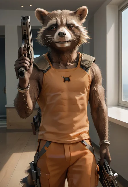 score_9_up, score_8_up, score_7_up, masterpiece, best quality, amazing quality, very aesthetic, absurdres, newest, high quality, detailed, male, solo male, Rocket Raccoon, 1boy, mature male, male, athletic build, anthro, raccoon, black and brown fur, animal ears, brown eyes, standing, looking at viewer, orange tank top, combat gear, bracelets, shoulder pads, broad shoulders, indoors, holding gun, digital art