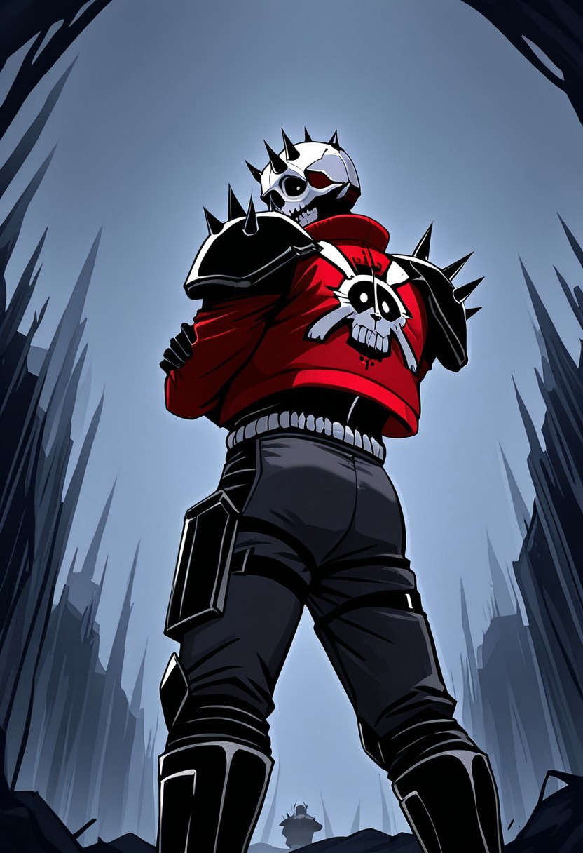 DedSeck,1boy,black gloves,red jacket,skull mask with horns,helmet,armor,black boots,shoulder_spikes
Dedseck with his back to us with his arms crossed while looking back over his shoulder, looking at the viewer, view from below