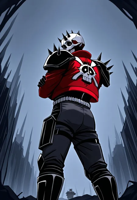DedSeck,1boy,black gloves,red jacket,skull mask with horns,helmet,armor,black boots,shoulder_spikes
Dedseck with his back to us with his arms crossed while looking back over his shoulder, looking at the viewer, view from below